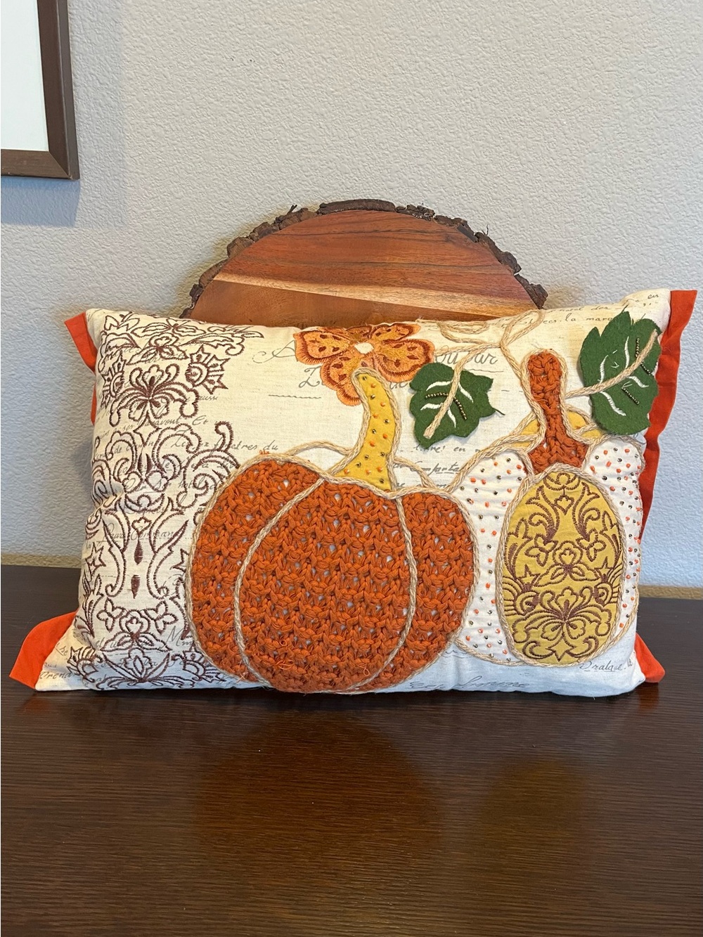 Pier 1 Pumpkin Lumbar Throw Pillow: Crochet, Beaded, Felt, Removable Cover